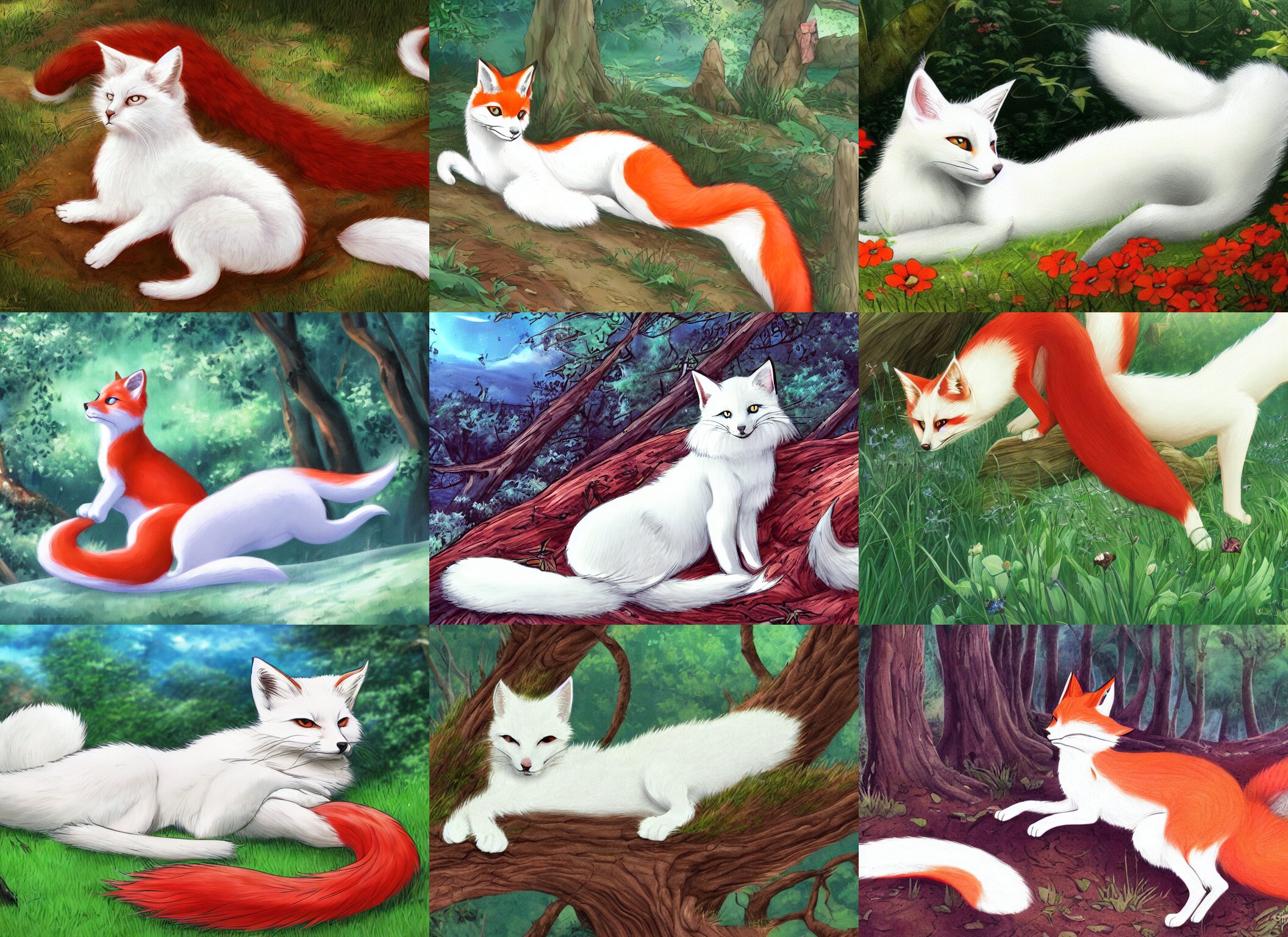 White Cat with Red Tail Like Fox Laying at Sunny Forest