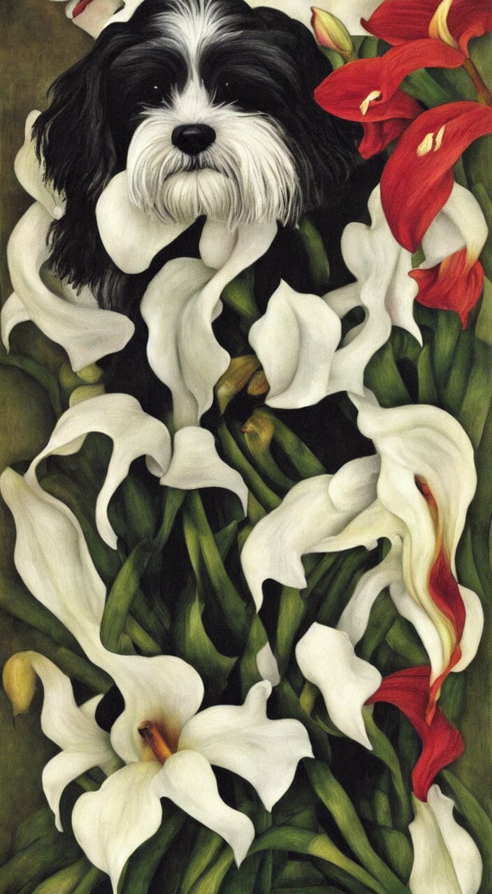 Portrait of a Havanese Dog with Calla Lillies