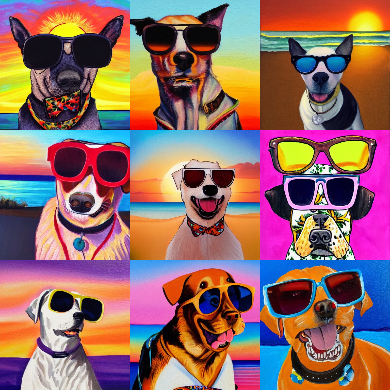Portrait Painting of a Happy Lou Dog Wearing Sunglasses and a Hawaiian Shirt in the Sunset