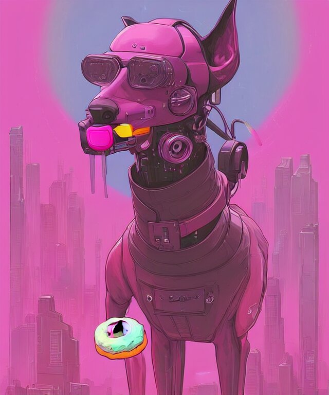 Portrait of an Anthropomorphic Cyberpunk Greyhound Dog Eating a Pink Donut