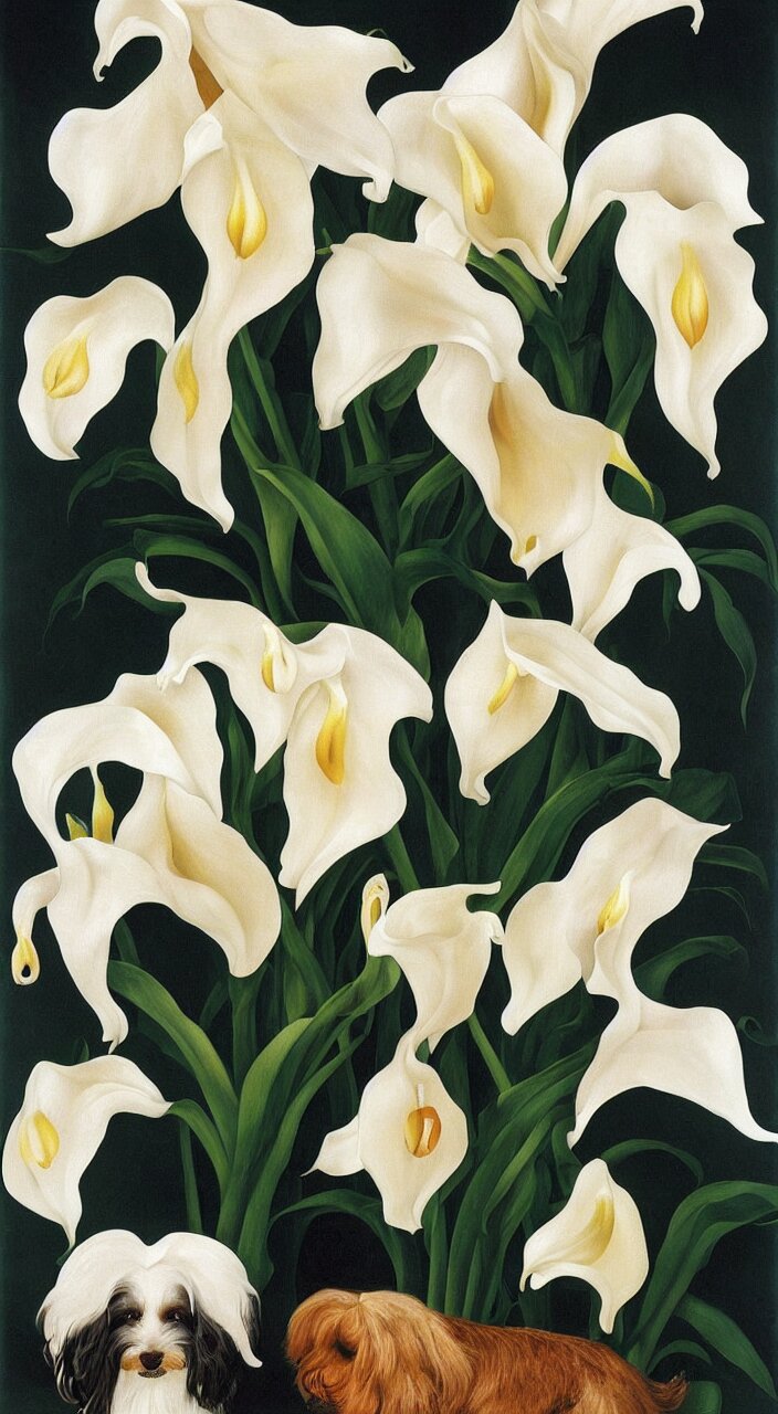 Portrait of a Cream Colored Havanese Dog with Calla Lillies