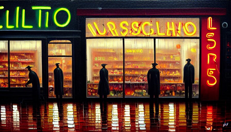 Oil Painting of a Neon Sign Storefront Butcher Shop
