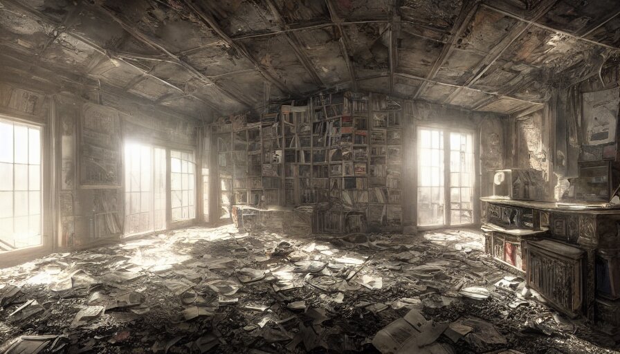 Abandoned Old 1 8 0 0's Dusty Attic with Library Covered
