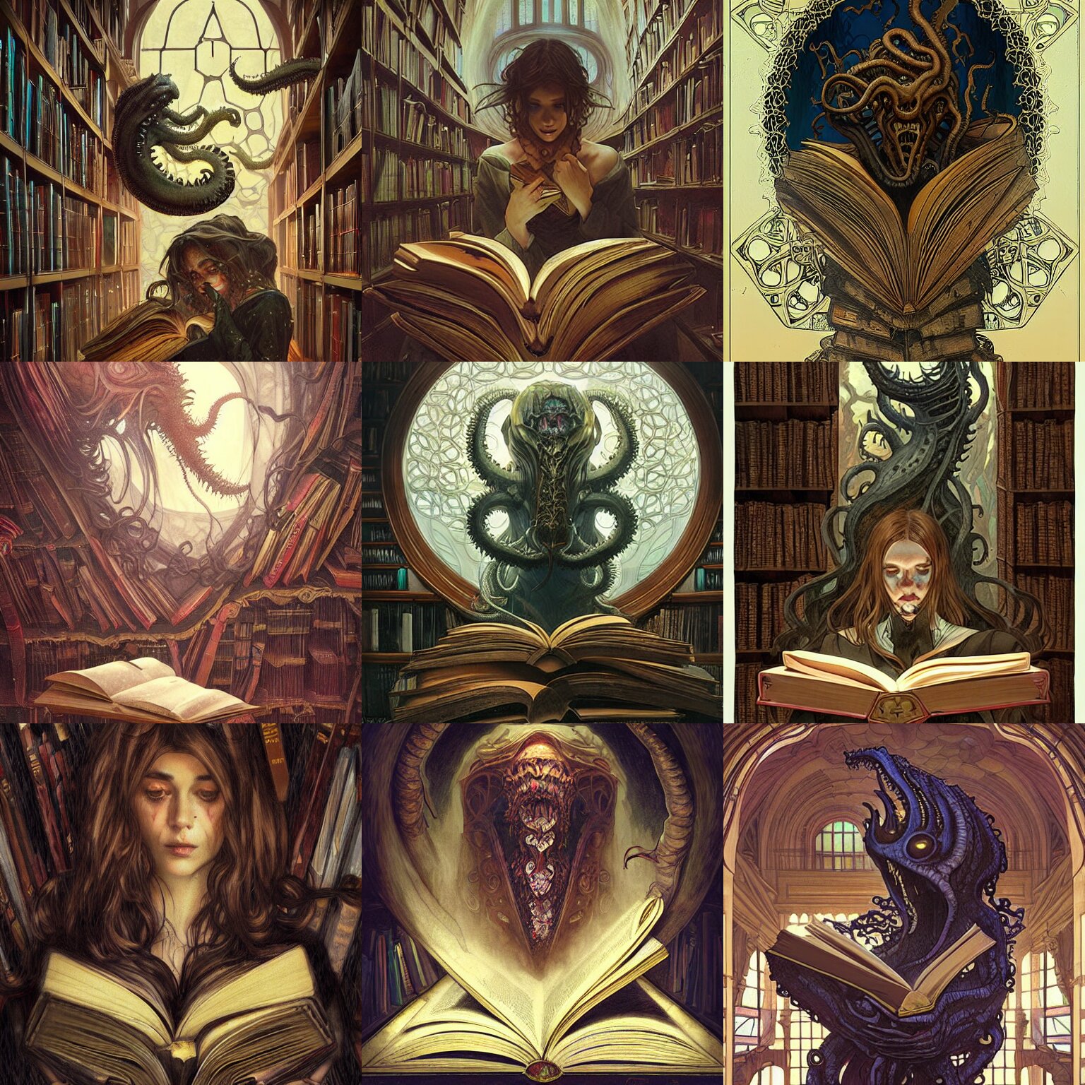 Giant Lovecraftian Monster Devouring a Books Inside a Library