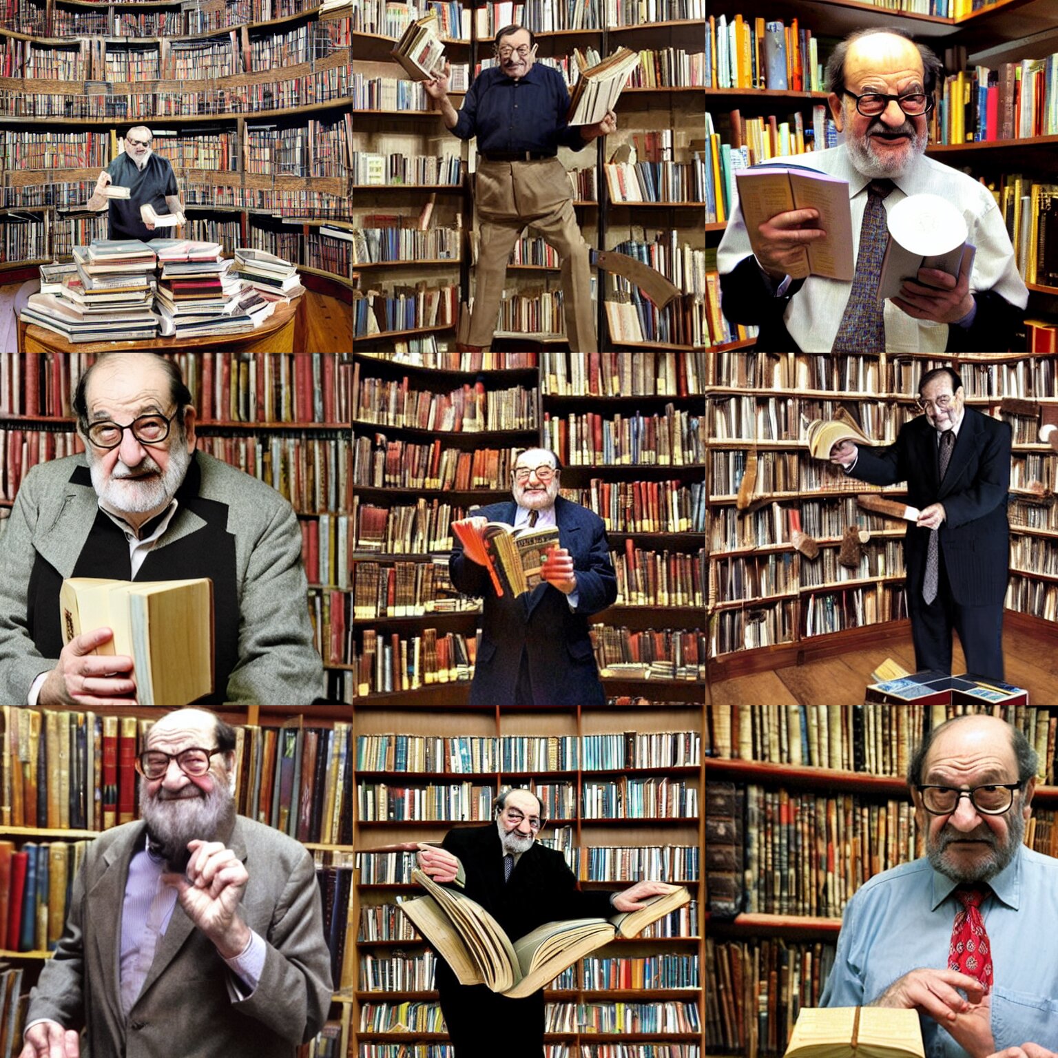 Umberto Eco Juggling Books at Louis Borges Library of Babel