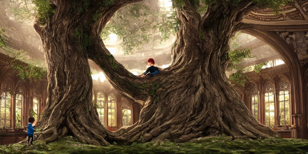 Beautiful Giant Tree Growing in the Middle of an Ancient Victorian Library