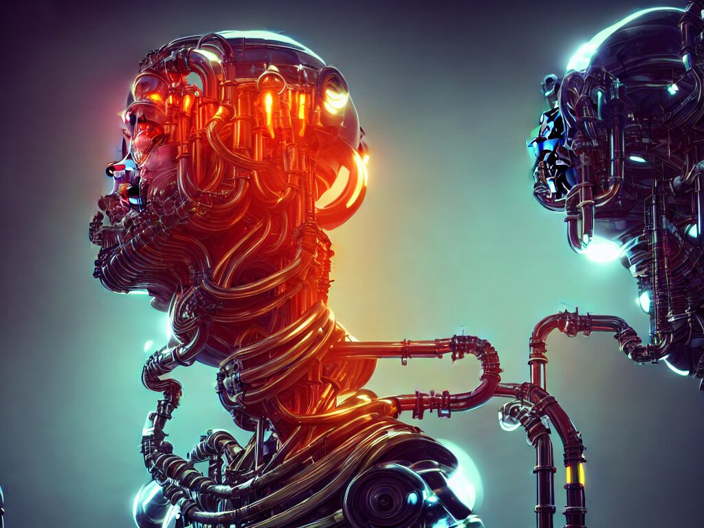 Frightening and Beautiful Cyborg Head with Pipes and Tubes in a Library Surrounded