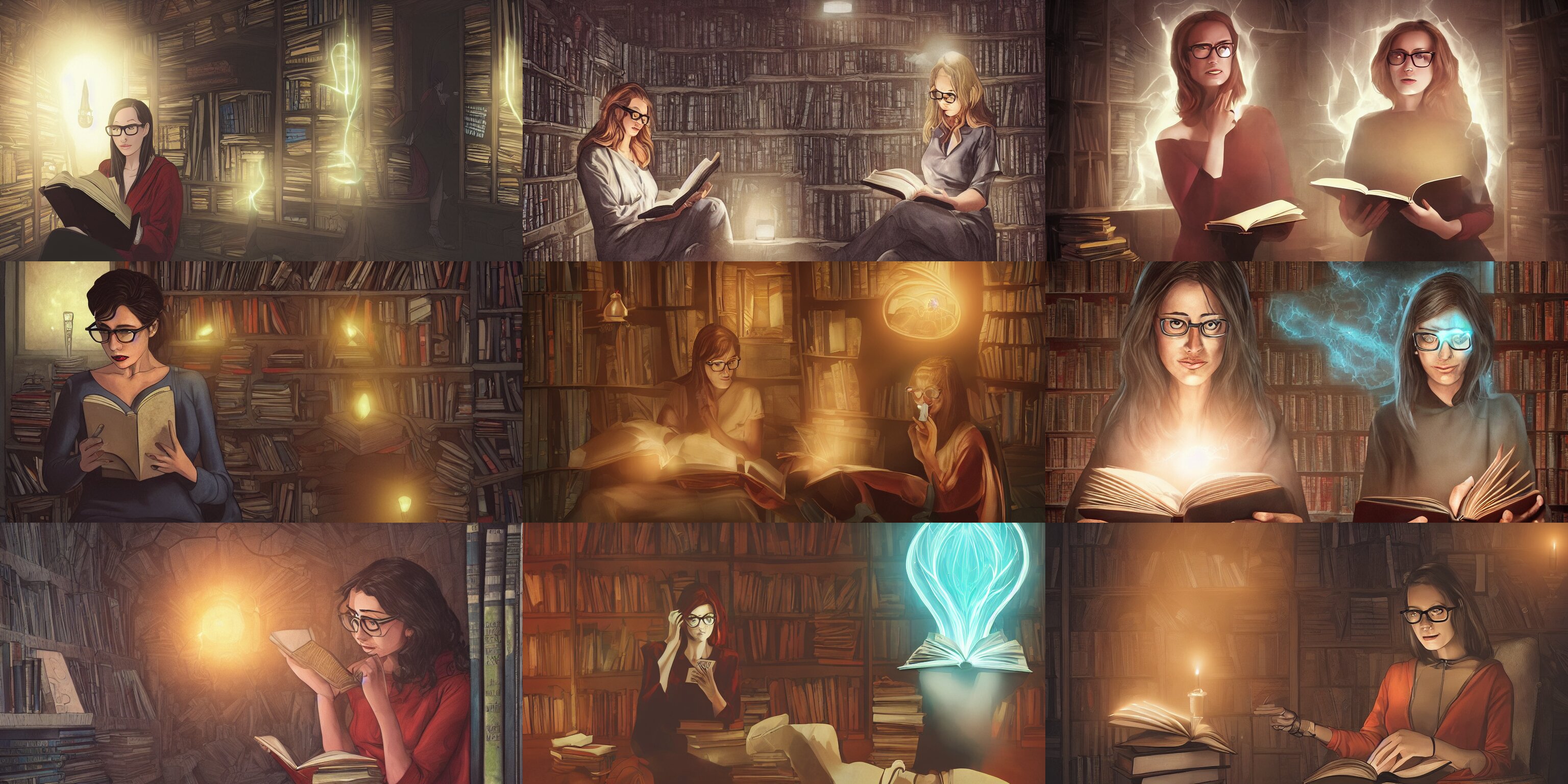 Woman with Glasses Reads a Demonic Glowing Book in a Creepy Library