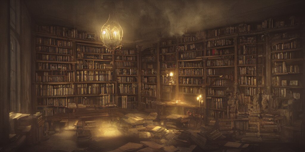 Hauntingly Beautiful Library in a Haunted Mansion with Stacked Books All Around