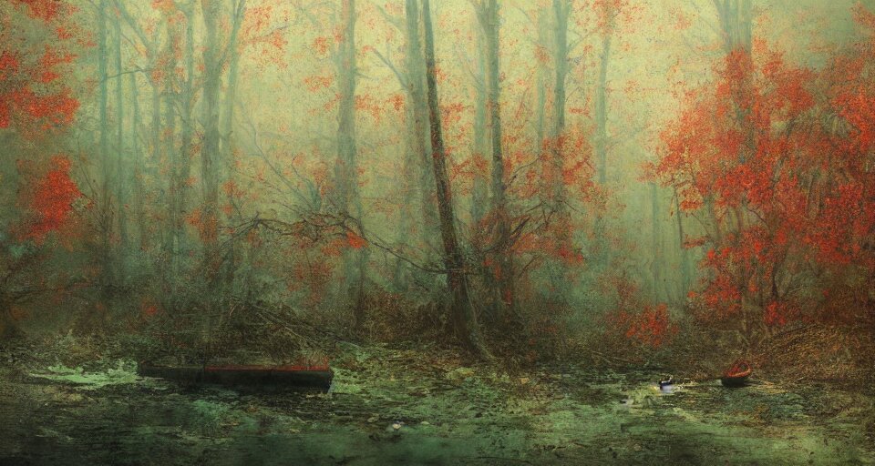 Old Broken Ship in an Autumn Forest