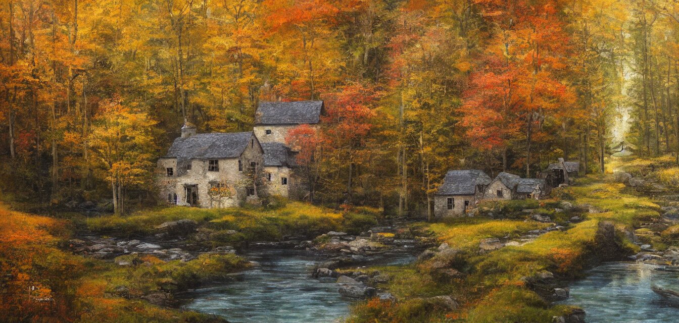 Painting of Sparse Stone Cottages Underneath a Dense Tall Forest