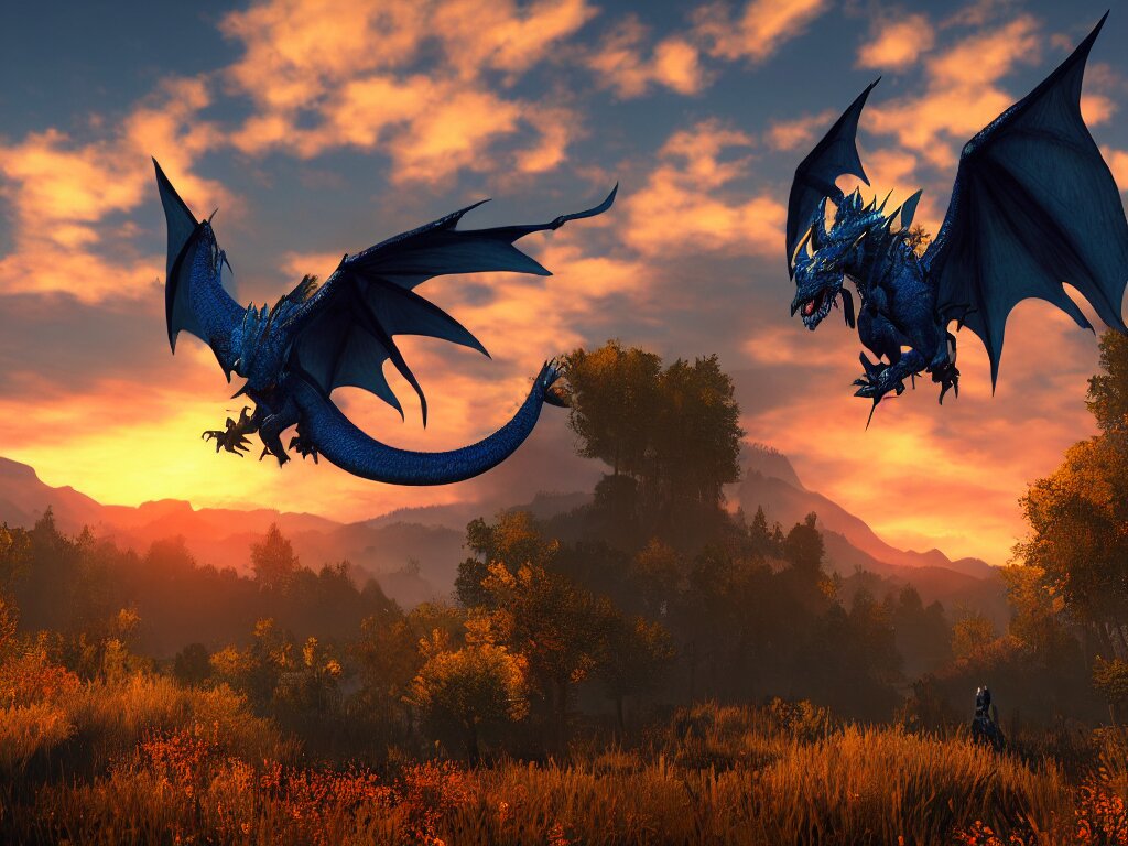 Blue Dragon Flying over a Sunset