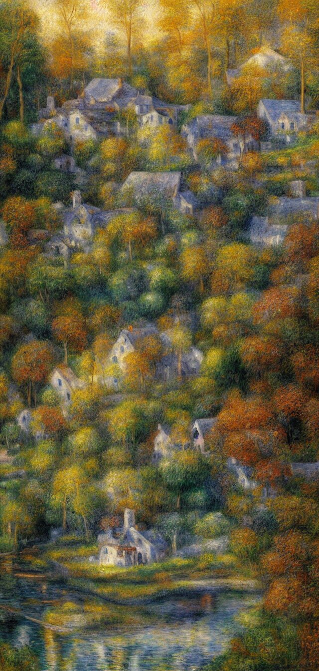 Painting of a Sparse Village of Sparse Stone Cottages Underneath a Dense Forest