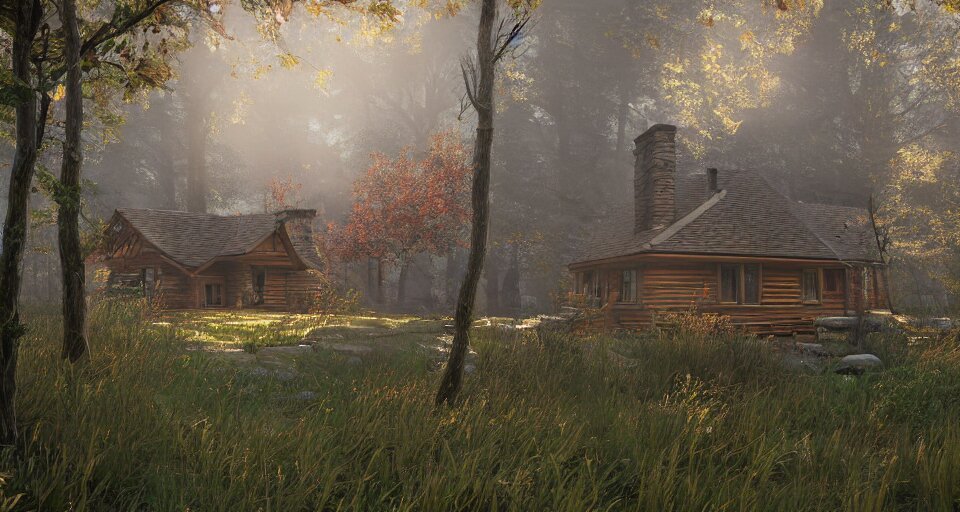 Cottage in the Woods Windy Autumn Day
