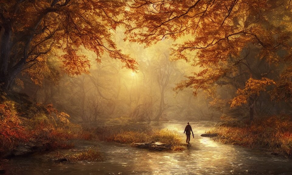 Adventurer Walking Along the River Bank in a Forest During the Golden Hour in Autumn