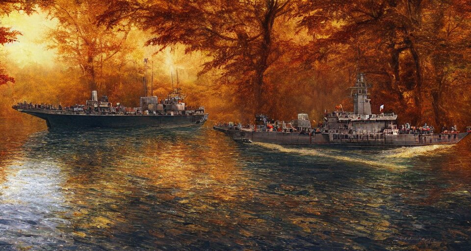 British War Ship in River in a Kerala Forest During the Golden Hour in Autumn