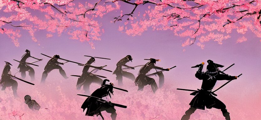 Battalion of Samurai Battle in a Cherry Blossom Forest