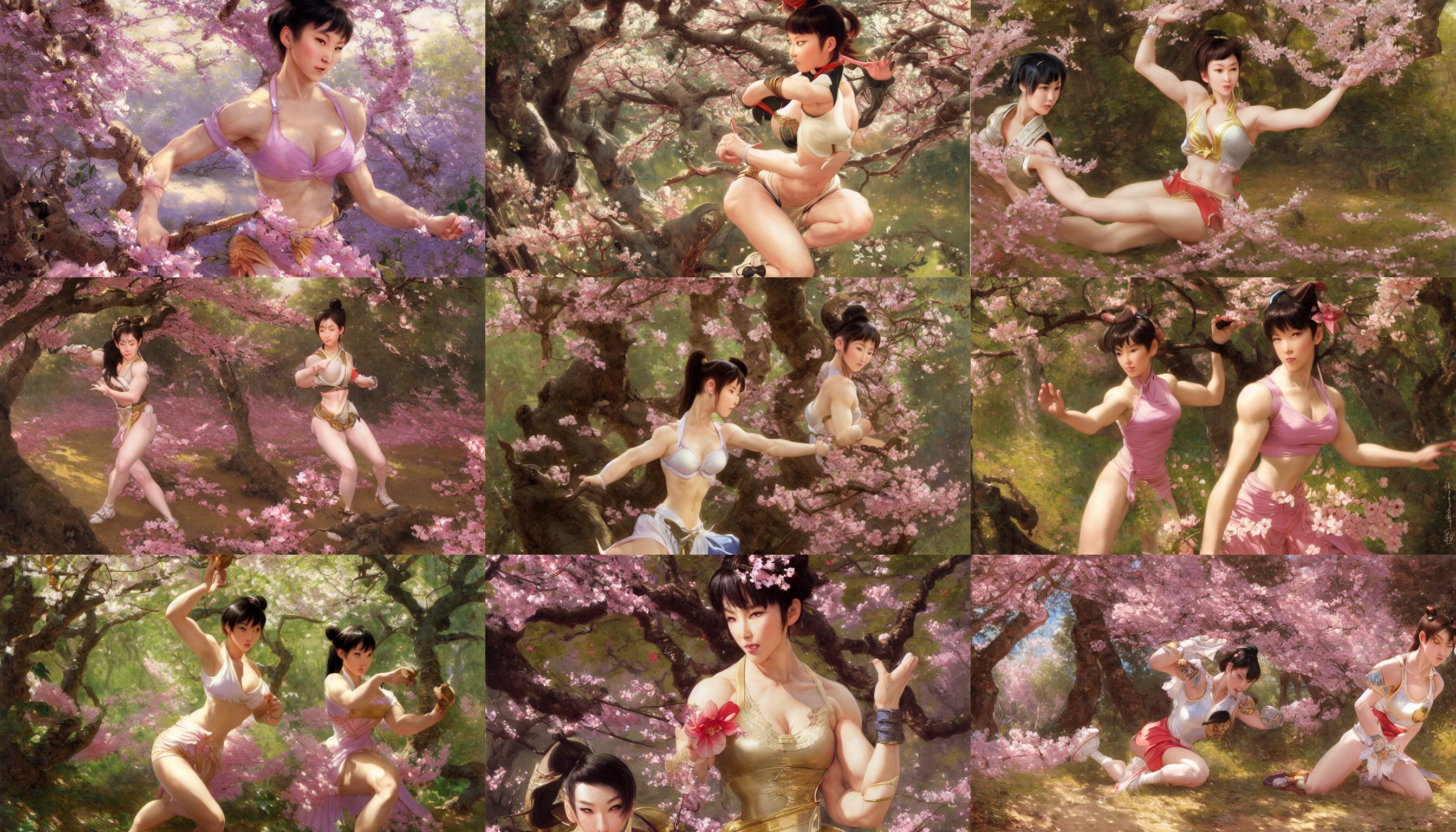 Chun Li Working Out in a Cherry Blossom Forest