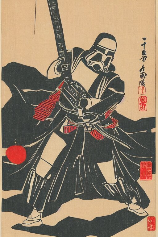 Japanese Woodblock Print of a Star Wars Stormtrooper Holding Nunchucks