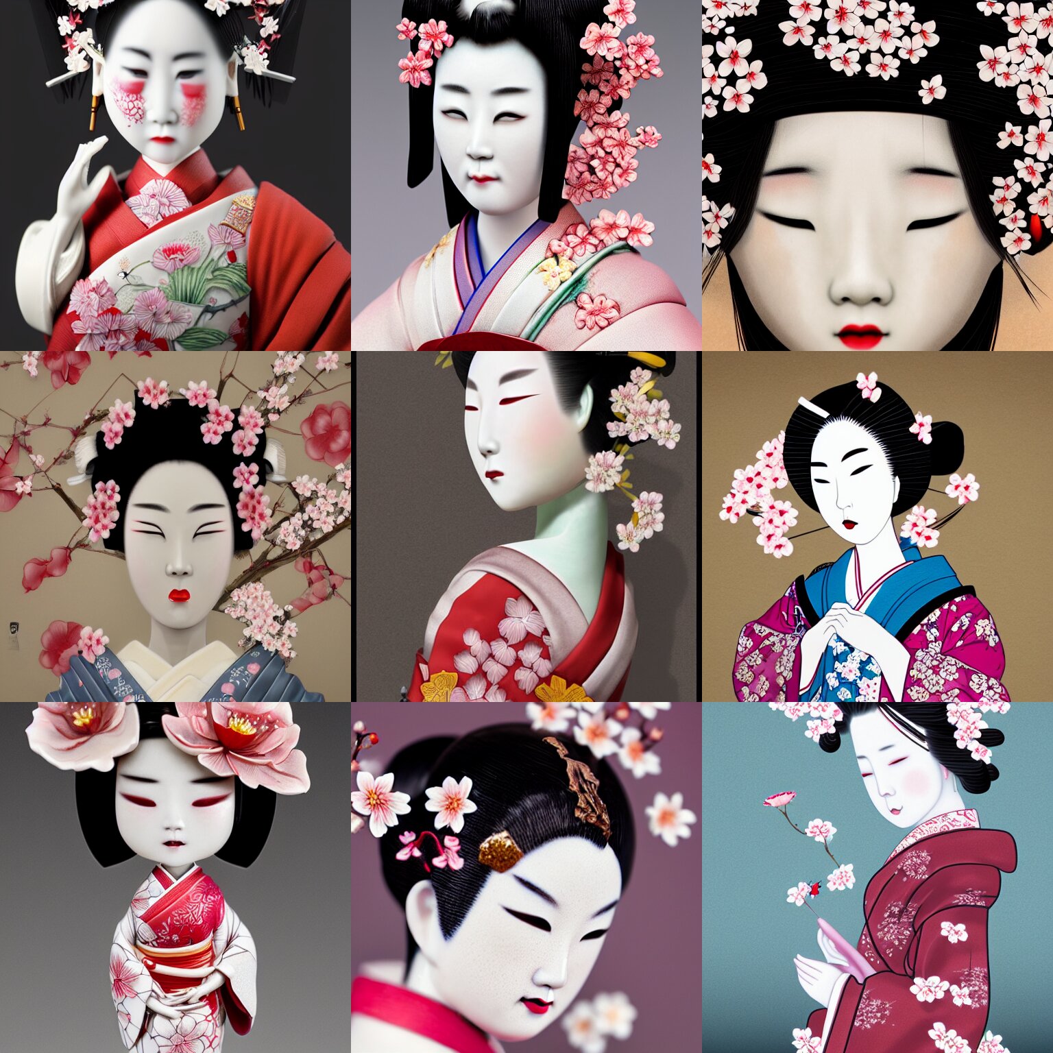 Crying Geisha Made from Intricately Detailed Porcelain and Surrounded