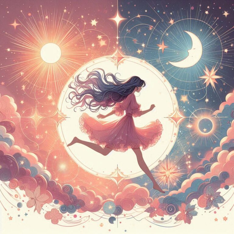 Dreamy Girl Skipping Through Cosmic Bursts