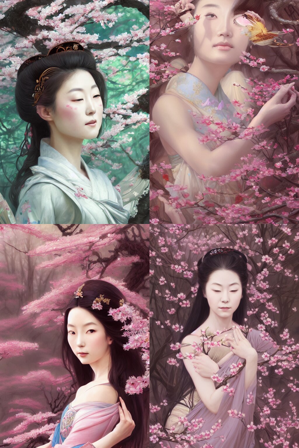 Oil Painting of a Japanese Princess in a Cherry Blossom Forest