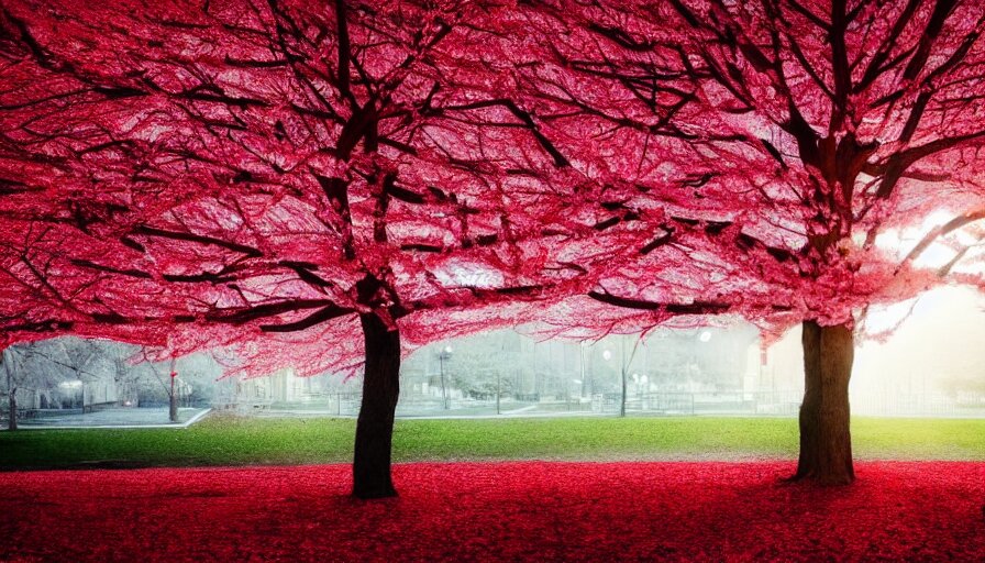 Beautiful Photograph of a Bare Tree with Red Cloth Ribbons Hanging from It's Branches