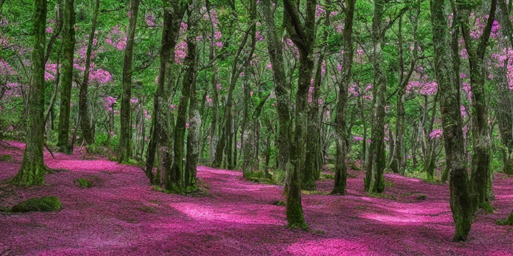Fantastical Deep Pink Cherry Blossom Tree Forest with Jellyfish Grass