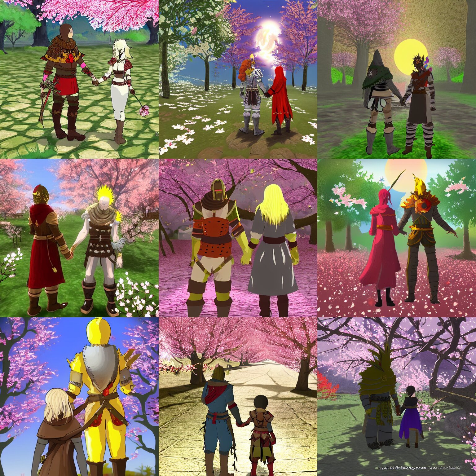Solaire of Astora and Zamorak Holding Hands under a Cherry Blossom Tree