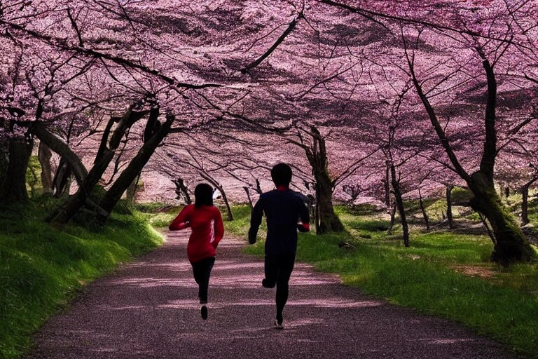 Vfx Movie Scene Closeup Japanese Couple Running Through Cherry Blossom Forest