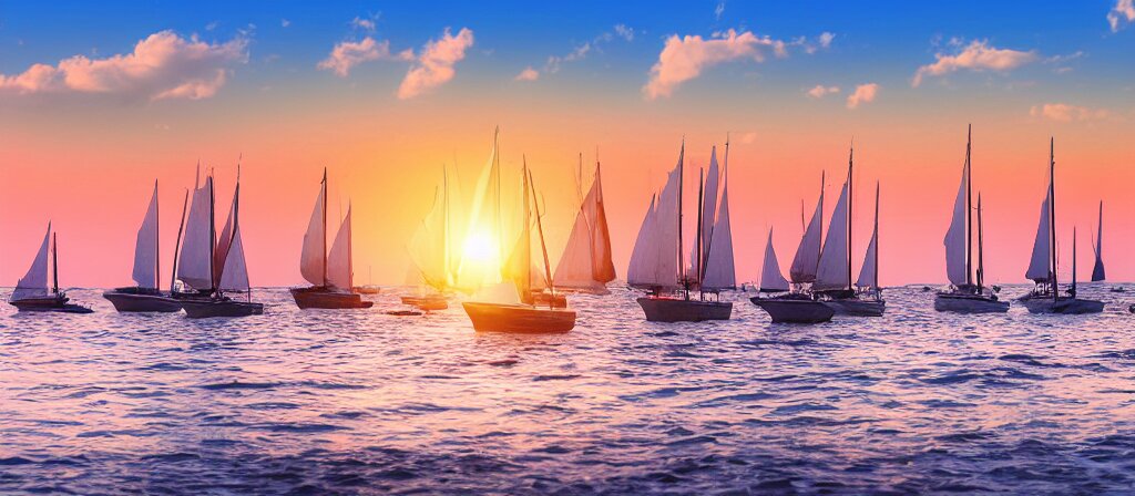 Armada of Sailing Boats on Ocean in Sunset Seen from a Beach of Tropical Island