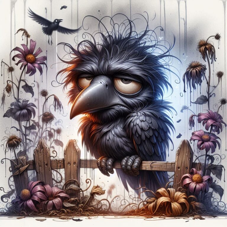 Disgruntled Raven on Fence: Whimsical Caricature