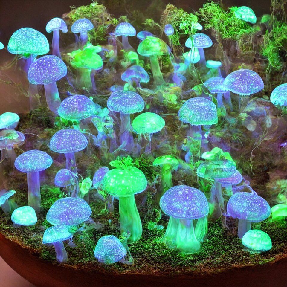 Terrarium of Bioluminescent Mushrooms Like Jellyfish with Veins