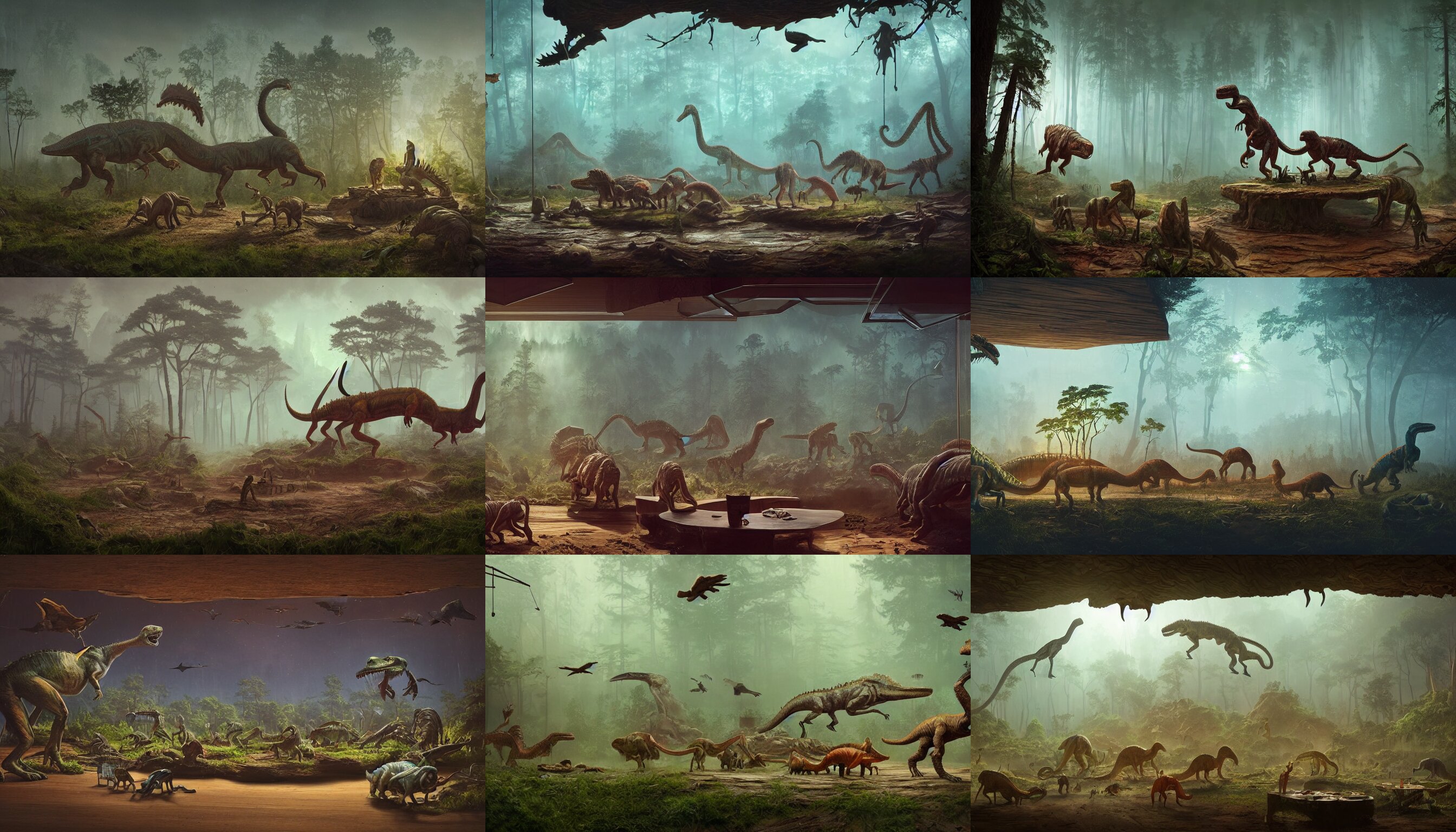 Terrarium of Jurassic Animals on a Wooden Table
