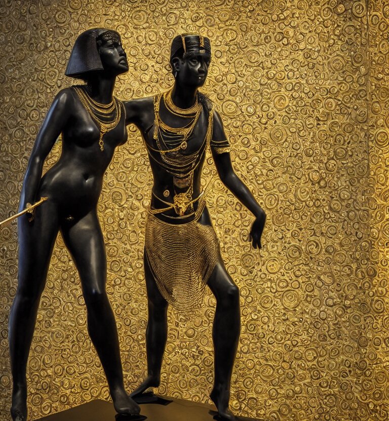 Photo at the Museum Showing a Black Marble and Gold Full Body Sculpture of Cleopatra