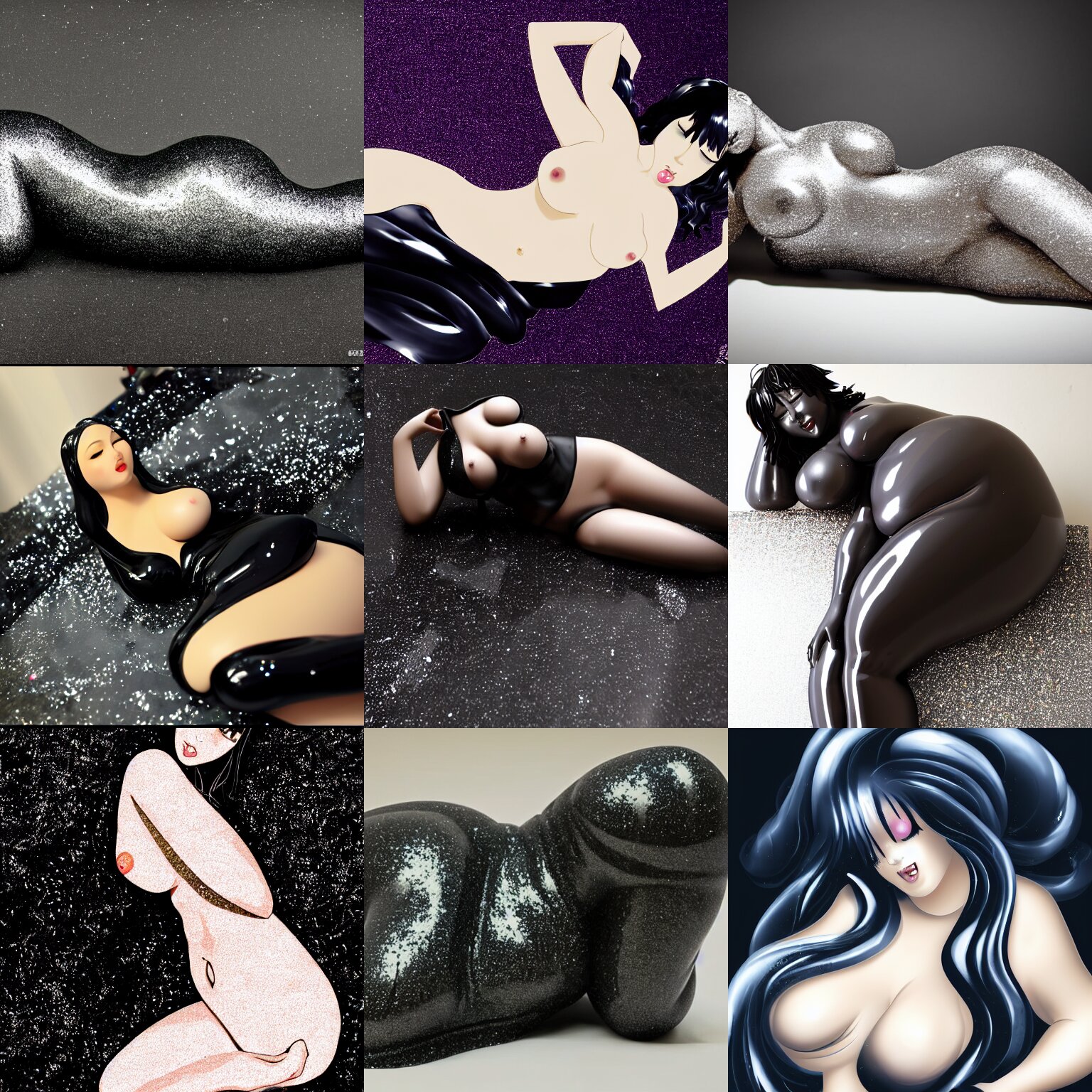 Curvy Woman Covered in Liquid Glitter Laying on a Black Surface