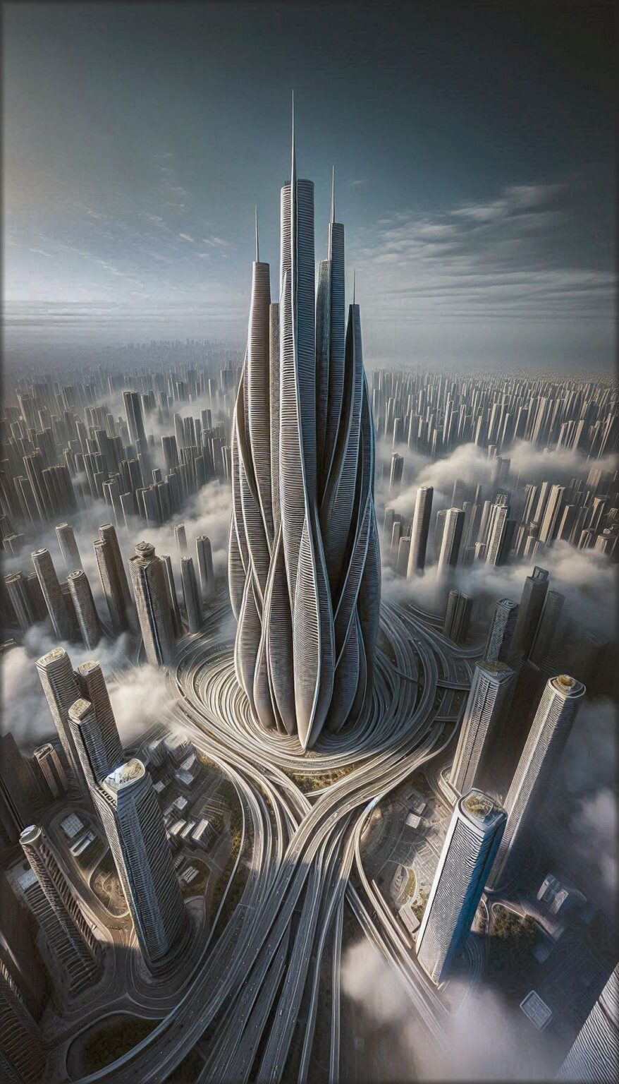 Hyperboloid Skyscraper Surrounded by Cityscape
