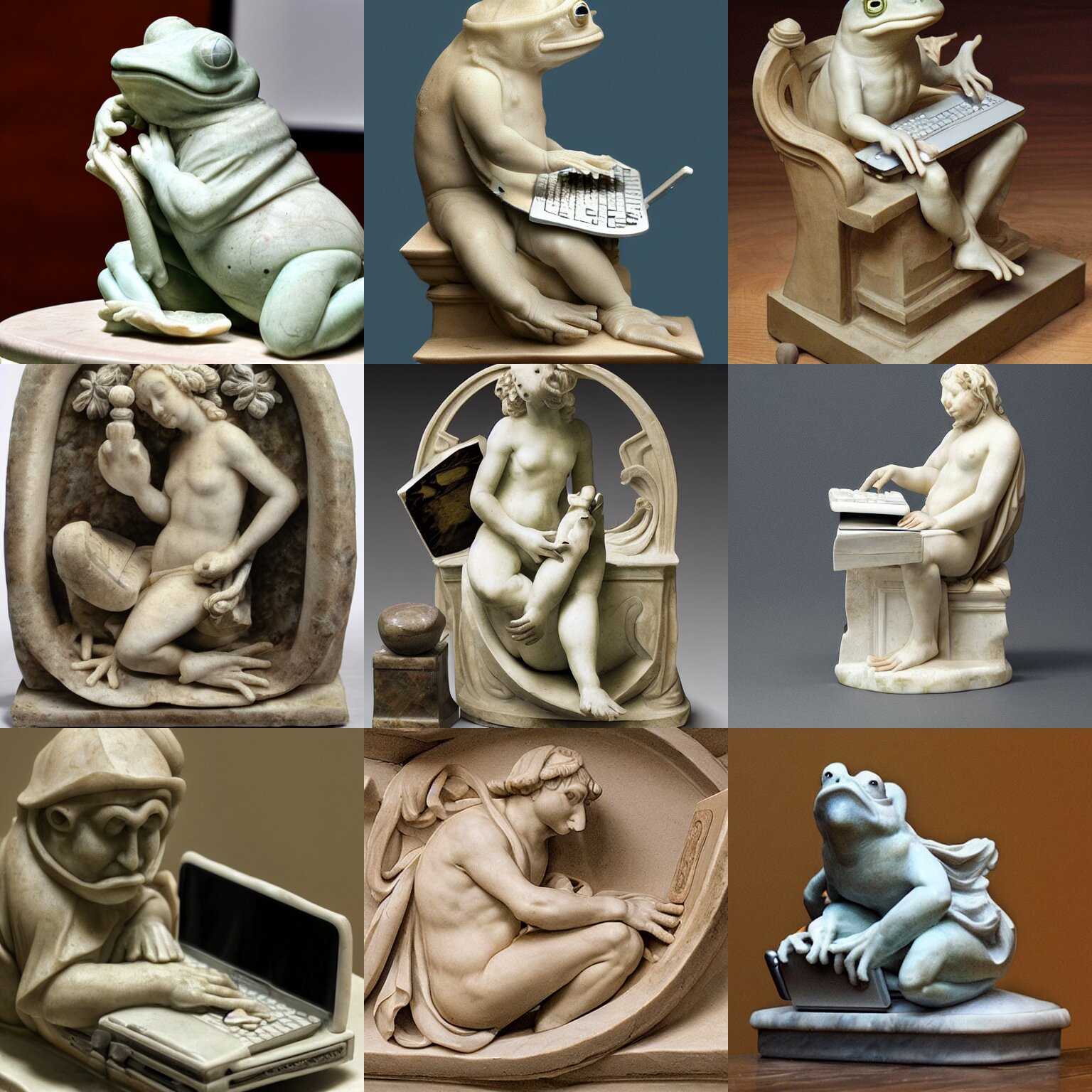 Renaissance Marble Sculpture of One Frog Typing on a Laptop