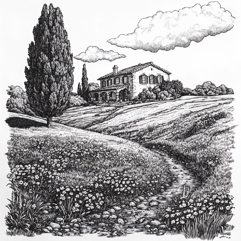 Italian Villa with Texas Cypress Tree