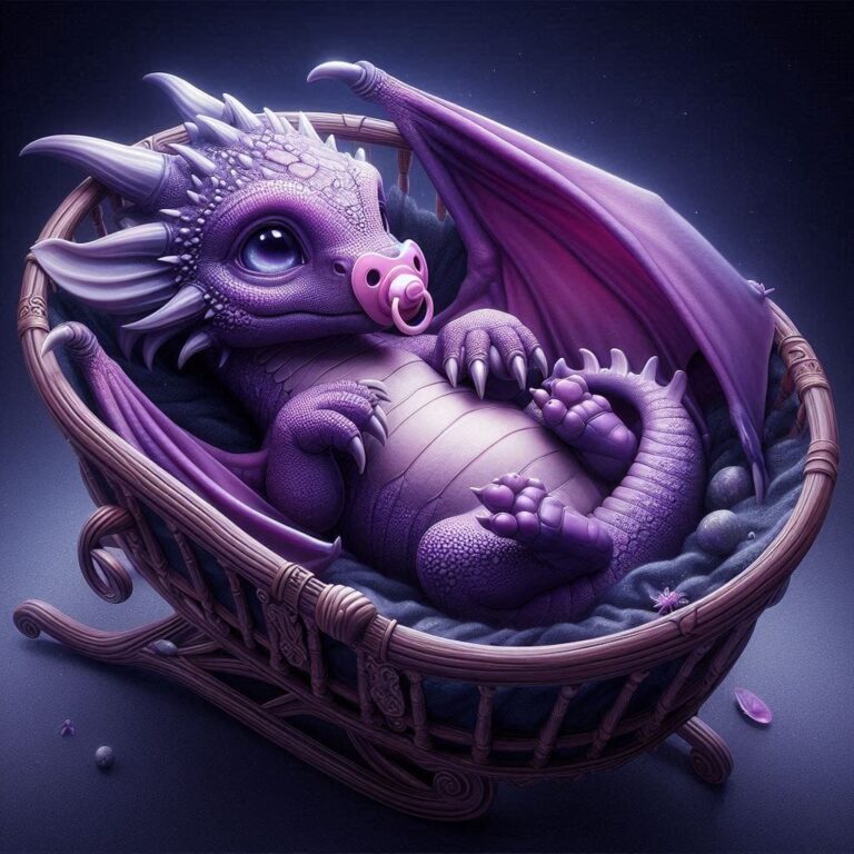 Hyperrealistic Baby Purple Dragon in Cradle