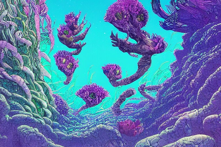 Alien Flowers in a Bright Underwater Crystal Cave in the Style of Moebius
