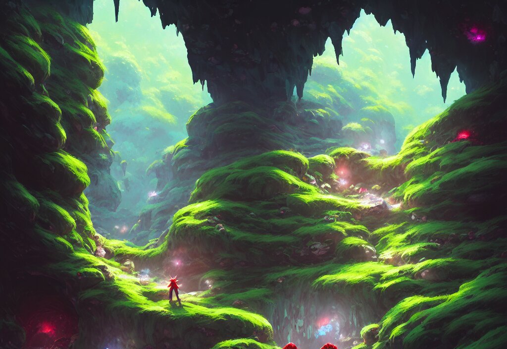 Dark Cave Tunnel with Crystals and Moss