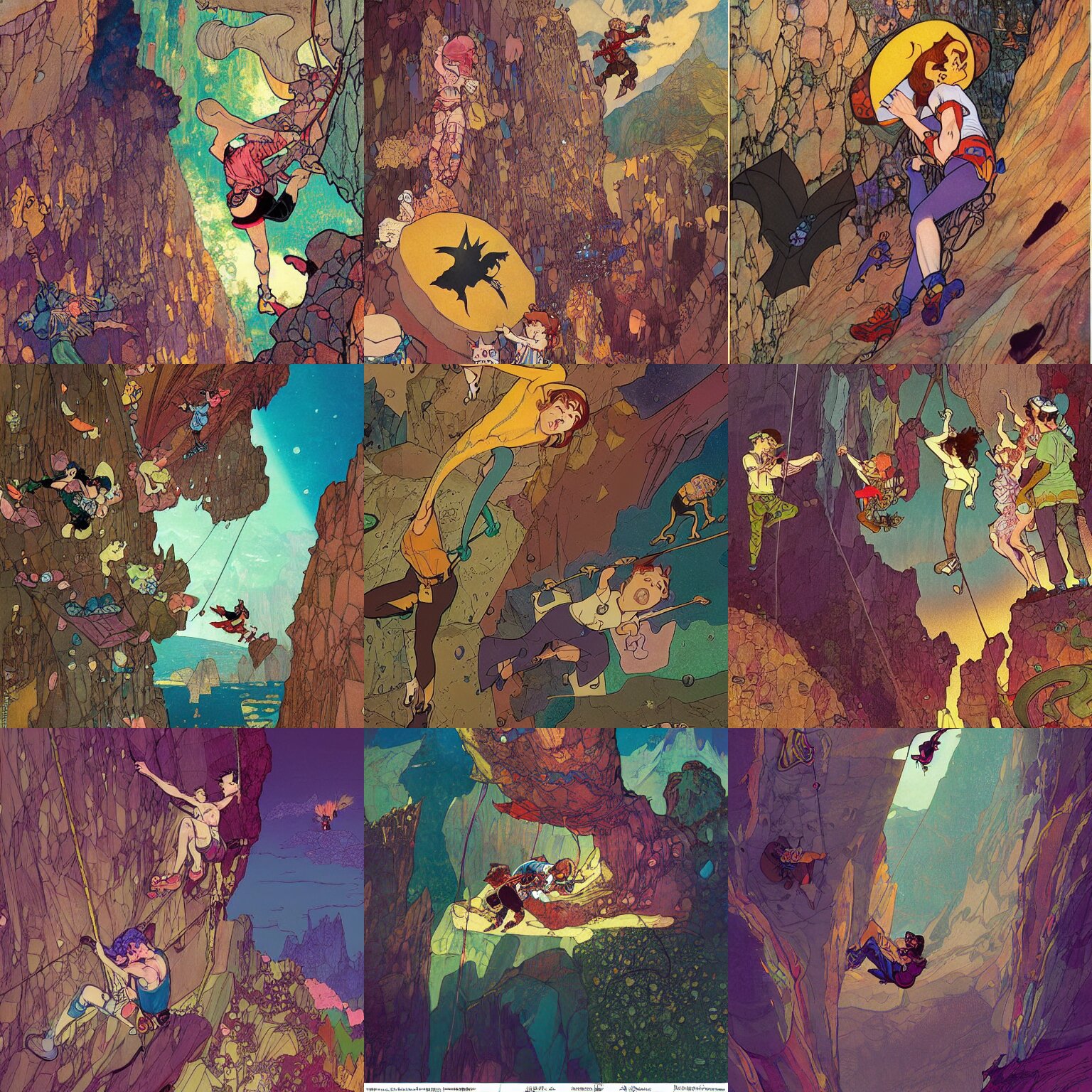 Vintage Cartoon Bats Rock Climbing in a Colorful Crystal Gemstone Cave Illustration
