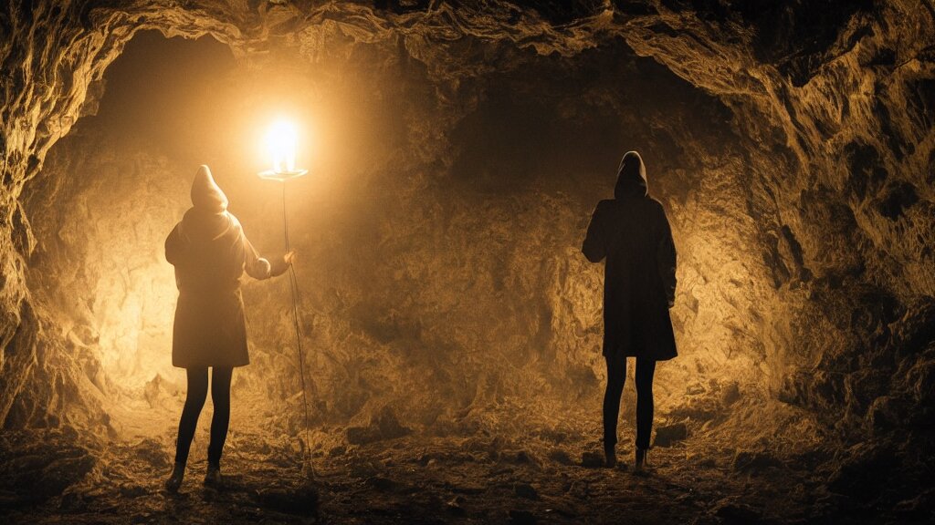 Woman's in a Clear Hooded Rain Jacket Holding a Lantern Standing in a Dark Crystal Cave