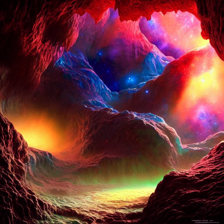 Dream-like Cave Surface Covered with Glossy Shiny Iredescent Crystals on Exoplanet