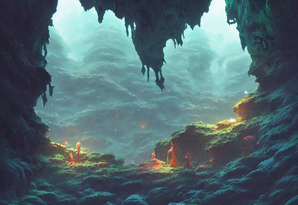 Dark Cave with Crystals and Moss on the Walls