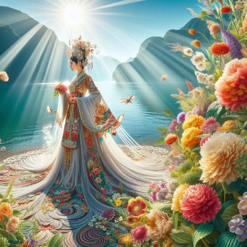 Traditional Chinese Woman by Lakeside Flowers