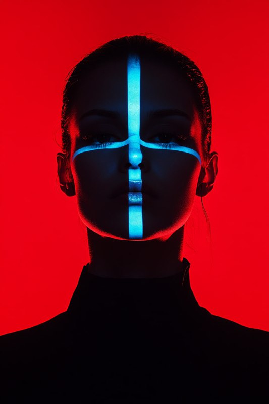 Woman Silhouette Blue Light Red Background