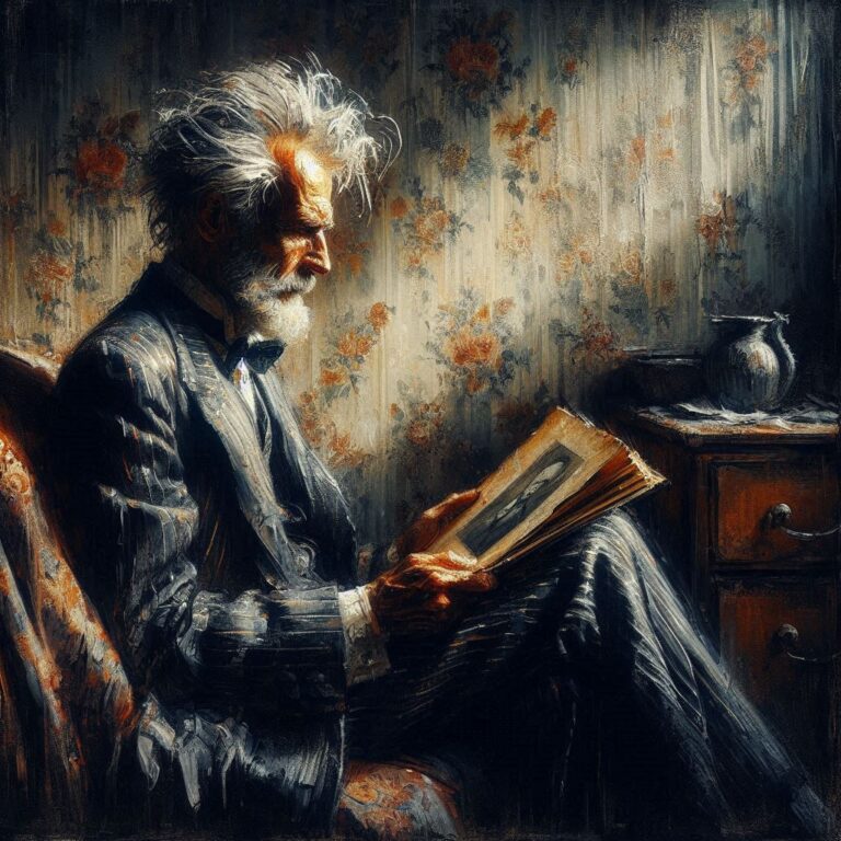 Old Man with Photo Album in Rustic Room