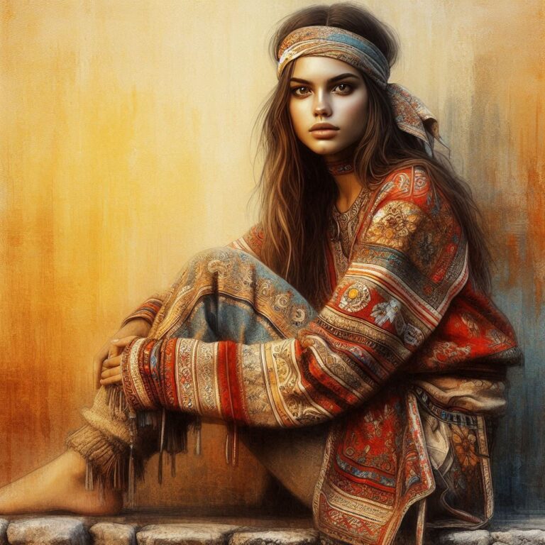 Young Woman in Colorful Outfit on Stone Wall